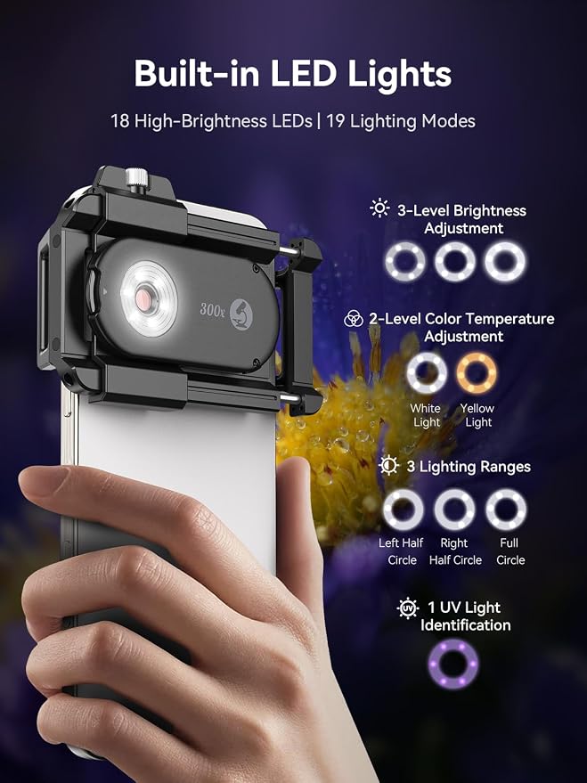 MIAO LAB 300X Phone Microscope Lens, Phone Camera Micro Lens with Universal Clip/LED Light/CPL, Mini Pocket Microscope Attachment for iPhone 17/16/15/14/13 Series and Most Smartphone MS300(300X) - Image 5
