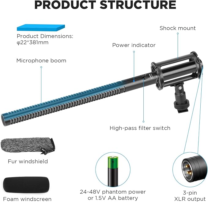 BOYA BY-BM6060L External Shotgun Microphone for Camera DSLR,Super-Cardioid Mic with Shockmount for Film Vlog, Professional Condenser Microphones for Video Recording Voice Interview YouTube - Image 3