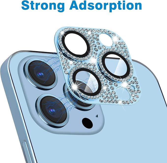 Compatible with iPhone 13 Pro & iPhone 13 Pro Max Camera Lens Protector, Bling Lens Cover 3D Rhinestone Diamond 9H Tempered Glass Camera Cover Anti Scratch Shockproof Lens Screen Full Protective Cover - Sierra Blue - Image 3