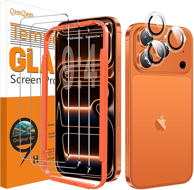 QsmQam Tempered Glass Screen Protector for iPhone 17 Pro Max, 9H+ Hardness | Military Grade Shatterproof, 18 Pro Max Screen Protector, Bubble-Free,Case Friendly, Installation Frame,Camera Lens Protector by QsmQam