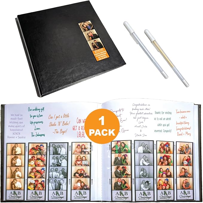 2x6 Photo Strip Album, Black Cover White Pages, 2 Gel Pens | Leather-cover photo strip scrapbook journal holds 2x6 photos. Album guest book for weddings, graduations, anniversaries. by PhotoBoothNook