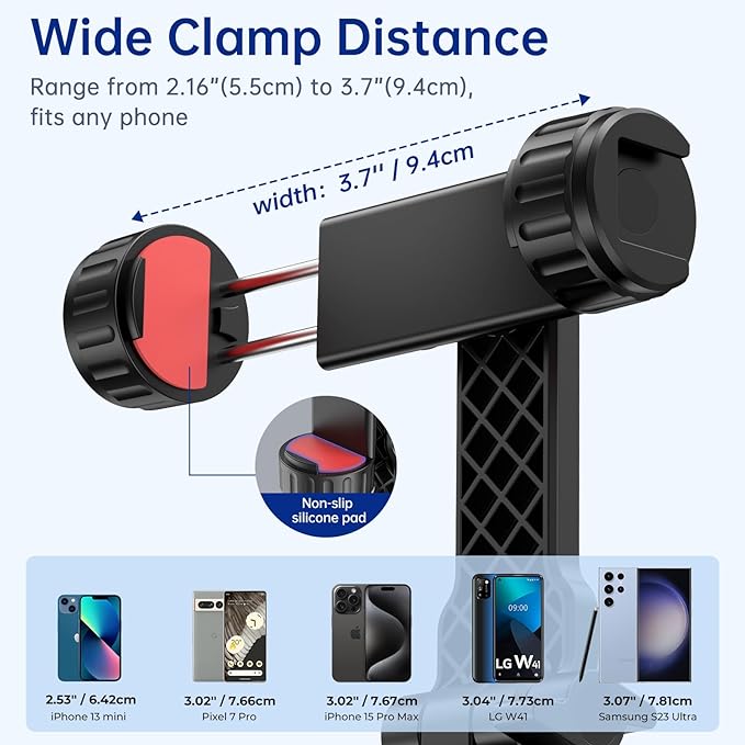 SYNCWIRE Tripod Phone Mount, Universal Smartphone Mount Adapter with 2 Cold Shoe and 1/4" Screw, 360° Rotates and 180° Tilts Adjustable Cell Phone Clamp Holder for Enhancing Mobile Photography Setup - Image 5