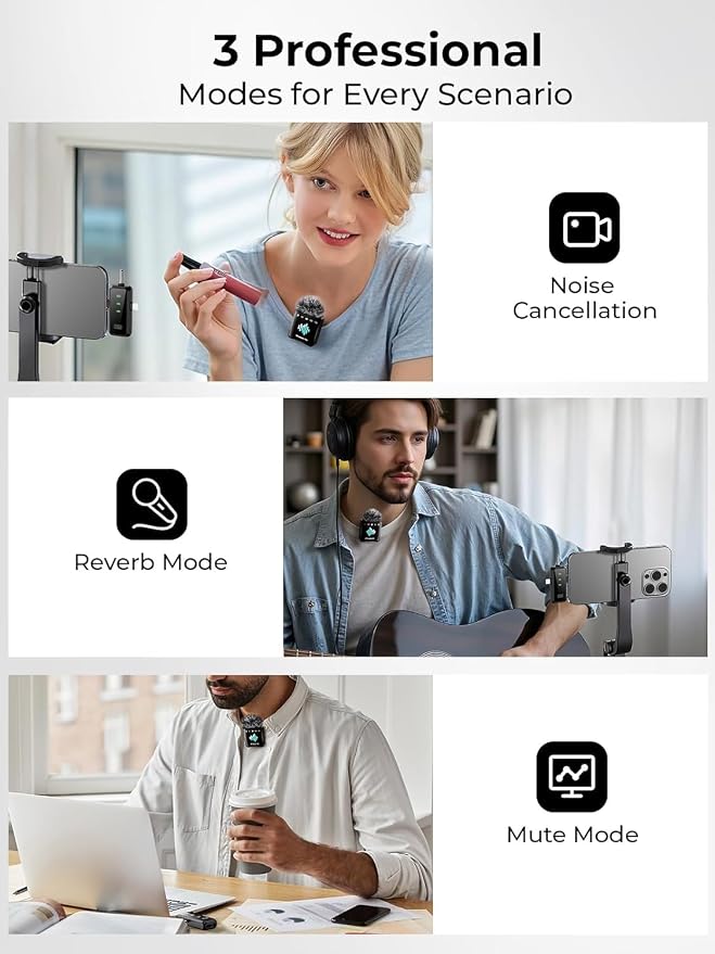 MENERESAS Wireless Microphone for iPhone: 40dB Noise Canceling Mini Mic with 20Hz-20kHz Audio, 328ft Range, 20H Battery, 3-in-1 Lavalier Microphone for Video Recording - Image 7