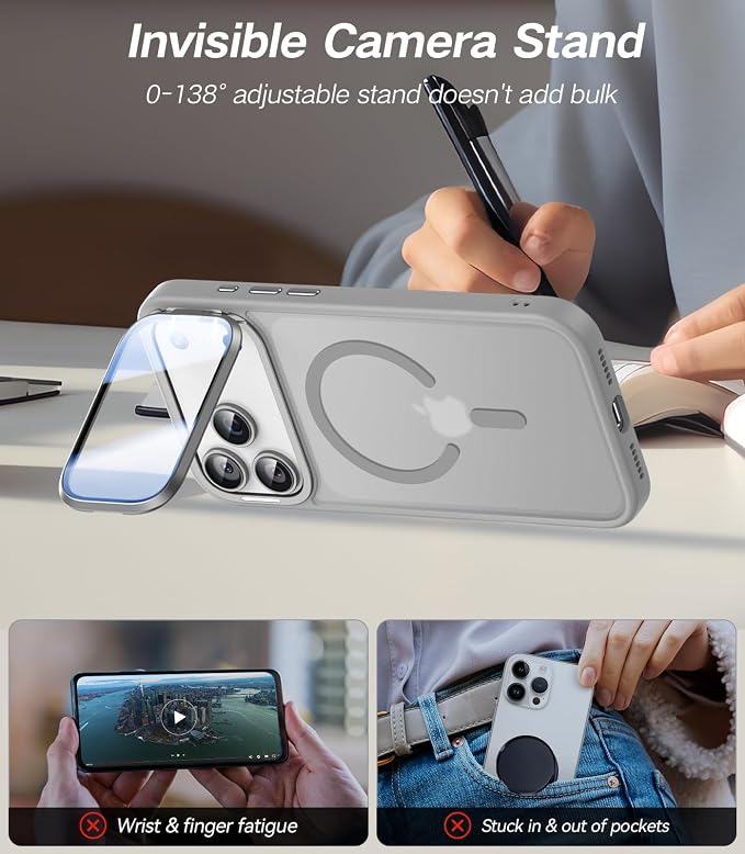 VOFATA [Upgraded Full Camera Protection] for iPhone 17 Pro Case with Camera Cover Stand [Fit for MagSafe][10FT Mil-Grade Protection] Translucent Magnetic iPhone 17 Pro Phone Case, Grey - Image 3