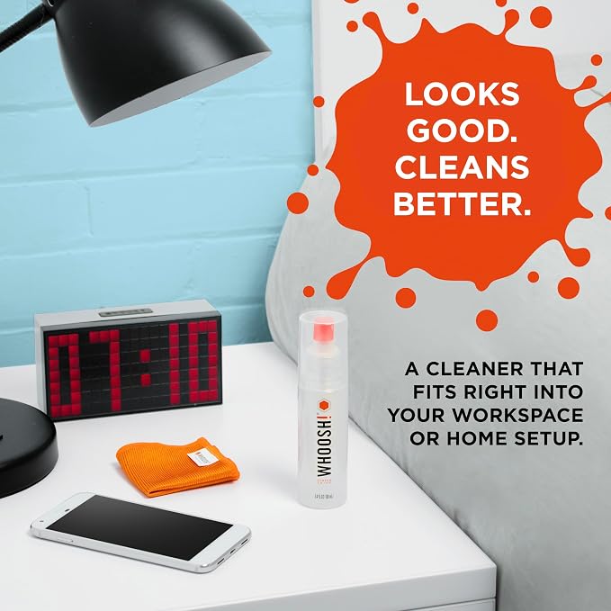 WHOOSH! Screen Shine Go XL – Screen Cleaner Spray & Wipe Kit, 3.4 fl oz | Includes 6x6" Microfiber Cloth, Sleek Bottle for Home & Travel, Streak Free Finish, For Car, Computer, MacBook & Eyeglasses - Image 4