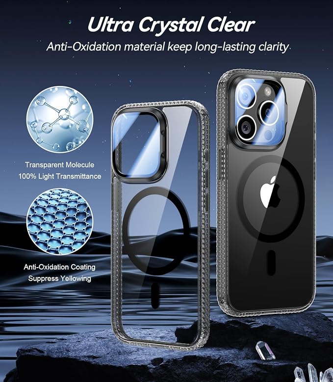 VOFATA [Upgraded] for iPhone 15 Pro Case with Camera Cover Stand [Fit for MagSafe][9H Camera Lens Protector] Mil-Grade Protection Transparent Magnetic iPhone 15 Pro Phone Case, Clear Black - Image 4