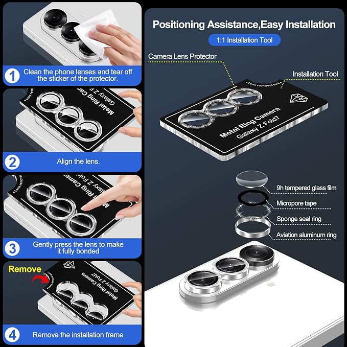 for Samsung Galaxy Z Fold 7 Camera Lens Protector, Individual Metal Ring Tempered Glass Lens Cover, [Strong Adsorption] Scratch Resistant Ultra-Thin HD Clear Lens Cover, 1 Set-Black Sparkly - Image 6