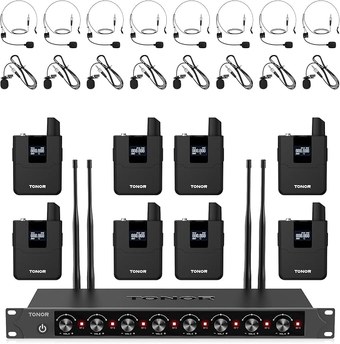 TONOR Wireless Microphones System with 8x12 Channels Headset/Lavalier Lapel Mics, Bodypack Transmitter, Receiver, 90 m/295ft UHF Range for Church Conference Performance Singing Karaoke PA Speaker by TONOR