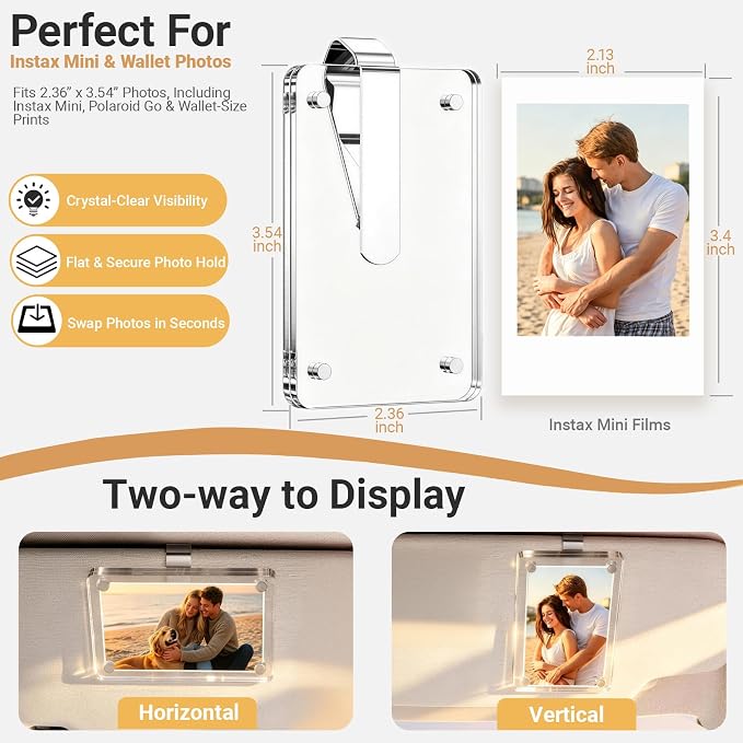 Car Picture Holder for Visor & Air Vent, 4 Pack | Clear magnetic acrylic frames fit Instax Mini, Polaroid Go & wallet-size photos for secure display and easy picture changes - Image 3