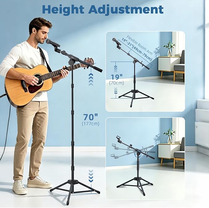 Microphone Floor Stand with Phone/Tablet Holder, Adjustable Boom Mic Stand with Heavy-Duty Base, Dual Device Mount for Streaming, Podcasting, Recording, and Live Performances GMS-04 - Image 6