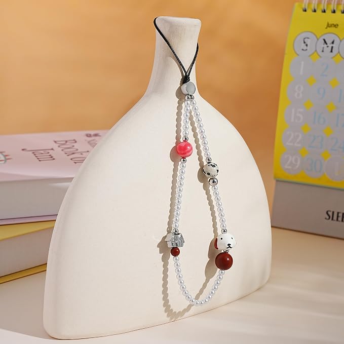 Cell Phone Charm Strap Pearl Beaded Lovely Camera Lanyard Wrist Aesthetic Dog Cute Chain Bracelet String Sweet Handmade Wristlet Accessory for iPhone Samsung All Smartphones Women Girls Cartoon Puppy - Image 7