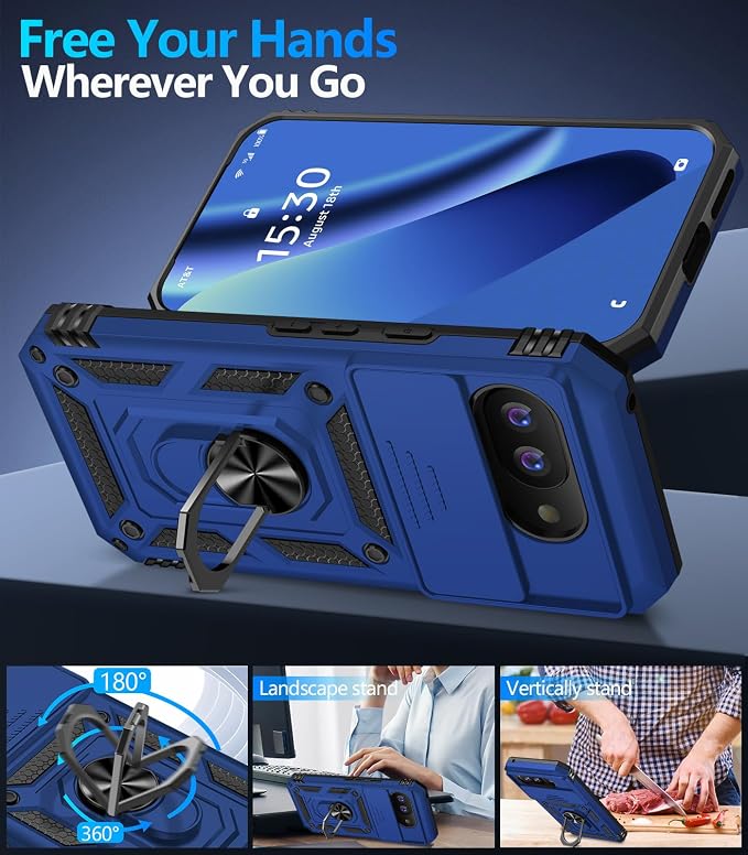 Taisairu for Google Pixel 10A Case with Screen Protector & Slide Camera Lens Cover,Built-in 360°Rotate Magnetic Ring Stand Shockproof Protective Phone Case for Google Pixel 10A Case (Blue) - Image 3