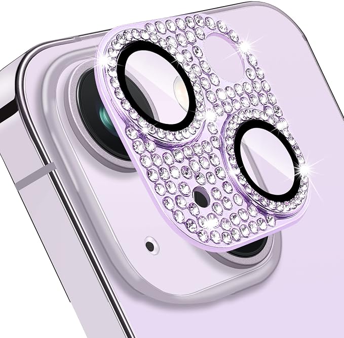 for iPhone 14 & iPhone 114 Plus Camera Lens Protector, Bling 3D Rhinestone Sparkle Diamond 9H Tempered Glass Camera Cover Anti Scratch Shockproof Metal Lens Screen Full Protective Cover, Purple by Hsefo