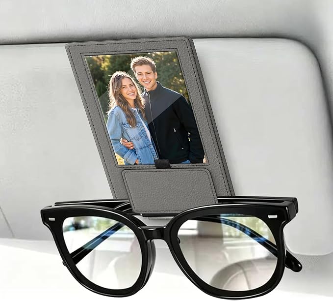 2-in-1 Car Visor Sunglasses & Photo Holder, Magnetic PU Leather Glasses Clip with Picture Display Slot, Universal Sun Visor Organizer for Eyeglasses, Personalized Cards & Memories, Gray by Unknown