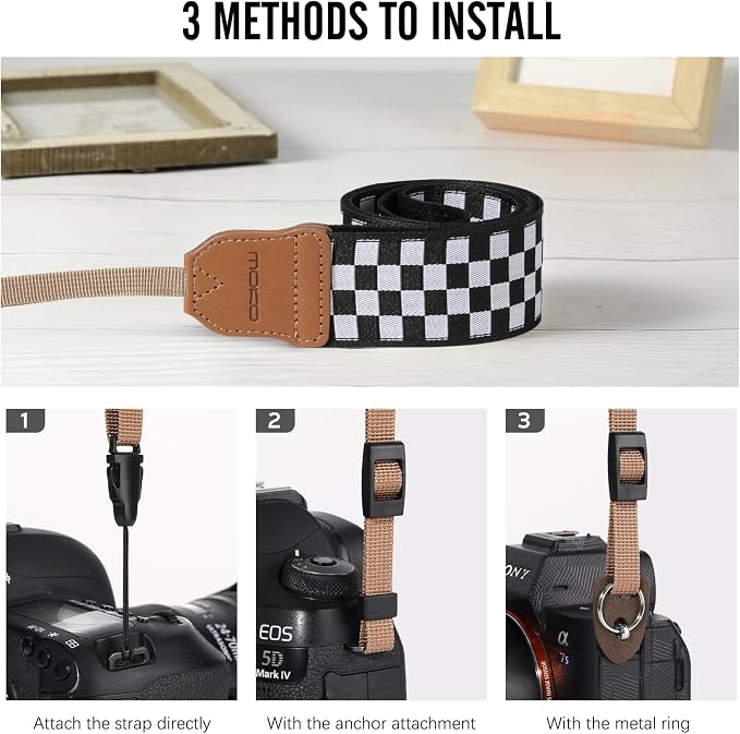 MoKo Camera Strap Compitable with Canon/Sony/Nikon/Minolta/Panasonic/DSLR | Cotton Vintage Camera Strap,Adjustable Neck Shoulder Strap,for Camcorder,Binoculars,for Adults Kids, Black and White Plaid - Image 3