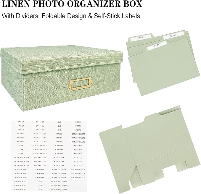 Linen Photo Storage Box – Holds 1700 Photos, Photo Organizer with Lid for Photo, Pictures, 24 Adjustable Dividers & 72 Labels Multi-Use Organizer Memory Box for Envelopes, Baby, Wedding, Cards Green - Image 6