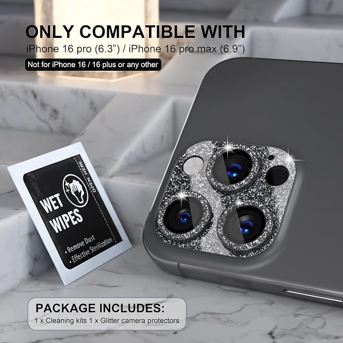 Choiche for iPhone 16 Pro/iPhone 16 Pro Max Camera Lens Protector | Bling Camera Cover with 9H Tempered Glass Lens Screen Protector Metal Ring Decoration Accessories (Glitter-Black) - Image 2