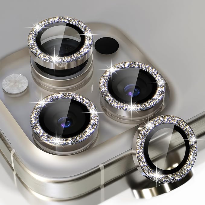 Choiche for iPhone 15 Pro/iPhone 15 Pro Max Camera Lens Protector | Ultra HD, Bling 9H Tempered Glass Camera Cover Screen Protector Metal Ring Decoration Accessories (Glitter-Titanium Natural) by Choiche