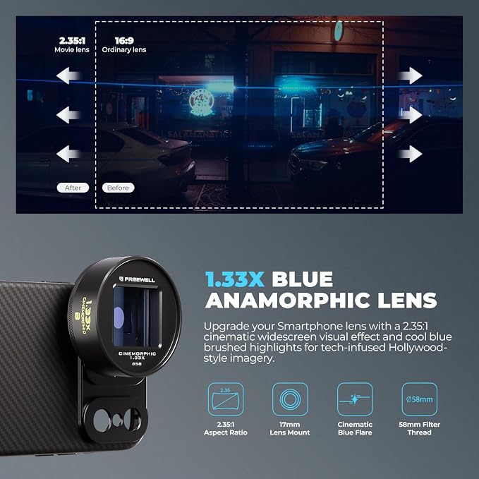 Freewell 1.33x Blue Anamorphic Lens for 17mm Mount iPhone, Samsung | Premium Smartphone Lens for Wide Cinematic Shots & Bold Blue Flares - Image 2