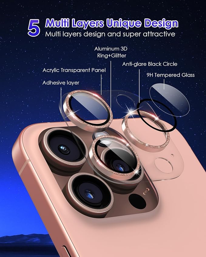 Compatible for iPhone 16 Pro Max/iPhone 16 Pro/iPhone 14 Pro/iPhone 14 Pro Max Camera Lens Protector Glitter, Clear 9H Tempered Glass Glitter Rose+Rose - Image 3