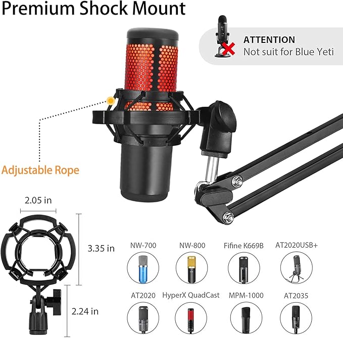 Heavy Duty Adjustable Boom Arm Microphone Stand | Includes pop filter, mic mounts and 1/4", 3/8", 5/8" adapters; compatible with Blue Yeti and HyperX QuadCast for broadcast. - Image 6