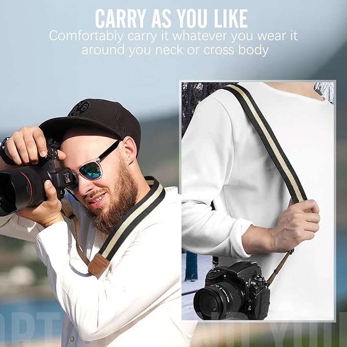 MoKo Camera Strap Compitable with Canon/Sony/Nikon/Minolta/Panasonic/DSLR | Cotton Vintage Camera Strap,Adjustable Neck Shoulder Strap,for Camcorder,Binoculars,for Adults Kids, Black + Beige - Image 6