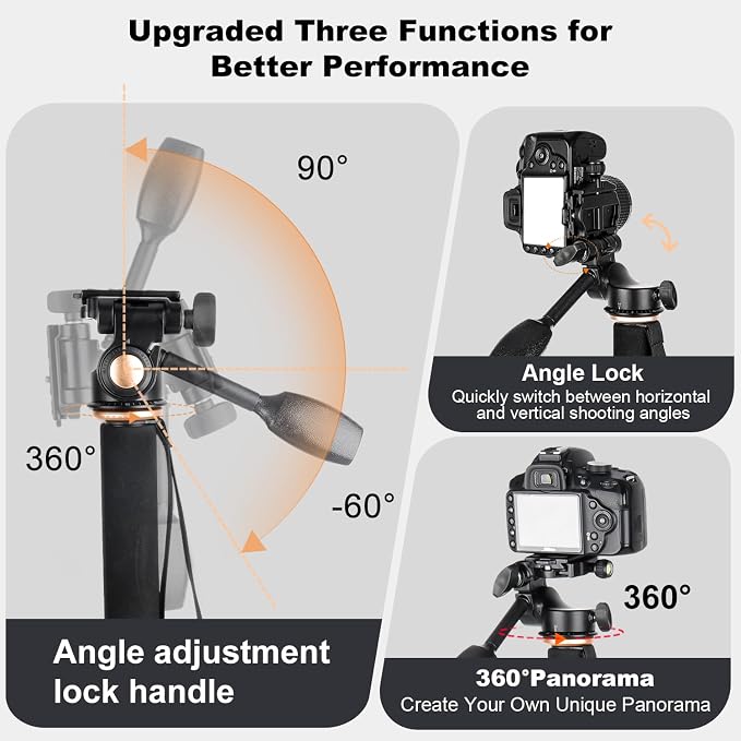 Koolehaoda 71.6” Camera Monopod with 3-Way Pan Tilt Head & Detachable Feet | Aluminum Tripod & Monopod Photography Unipod Stick for DSLR, Camcorder, Vlog & Sports Shooting - Image 3