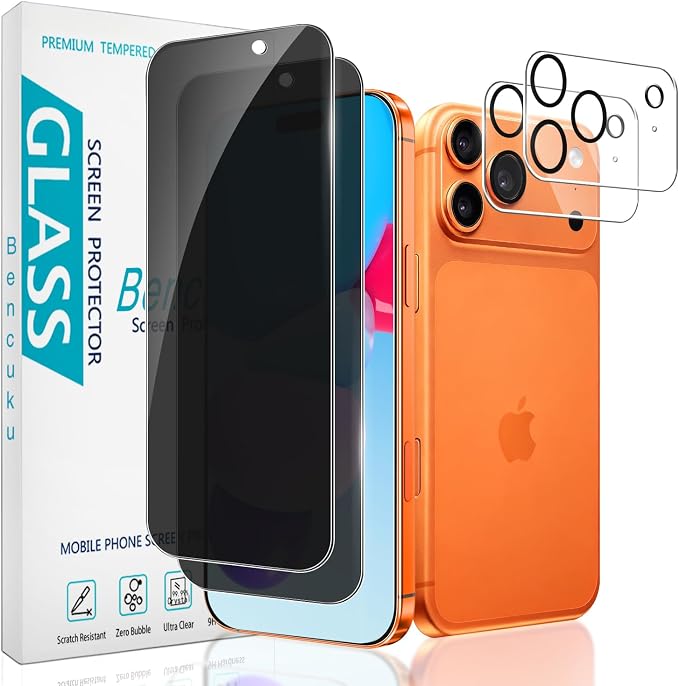 2+2 Pack Privacy Screen Protector for iPhone 17 Pro Tempered Glass | Anti-Spy Privacy Protection, with Camera Lens Protector, Anti Scratch, Bubble Free by Bencuku