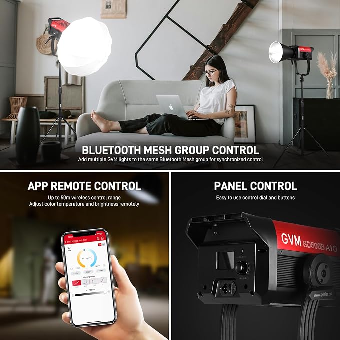 GVM 500W COB LED Video Light, APP Control, Bi-Color Continuous Output Lighting with Bowens Mount, 2700K-6800K, CRI/TLCI97+, 227040lux@1m, 12 Effects & 12 Sources for Studio Photography - Image 4