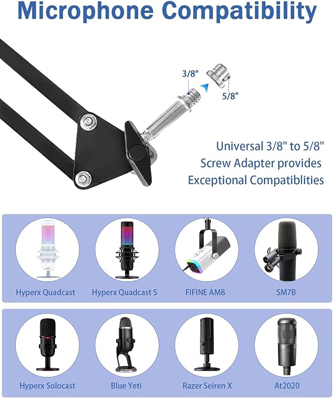 Versatile Boom Arm Stand for Desk, Adjustable Microphone Stand Kit | With Pop Filter, Shock Mount, Microphone Clip, Cable Ties, Table clamp to allow for horizontal and vertical fixing - Image 6