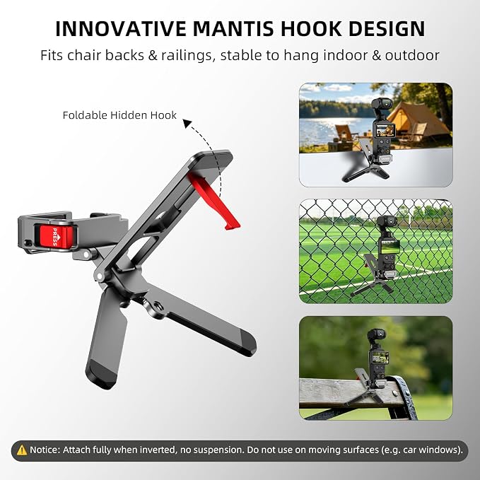 Pocket 4/3 Magnetic Mini Tripod Mount, Metal Cage Clamp Frame with Mantis Hook Stand, Cold Shoe＆ 1/4" Screw for DJI Osmo, 180° Adjustable Expansion Adapter Holder for Xtra Muse Accessories - Image 2