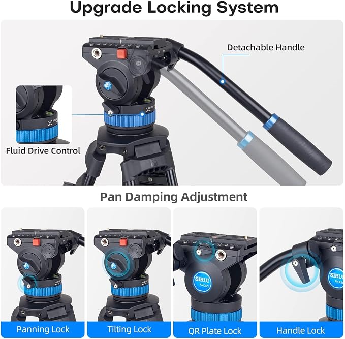 SIRUI AM-25S Video Tripod 74.8", Fluid Head, Quick Release, Max Load 22lb | 360° Pan, +90°/-75° Tilt, Aluminum Alloy, Camcorder, DSLR, Mirrorless Camera, Video Recording, Stable Support - Image 5