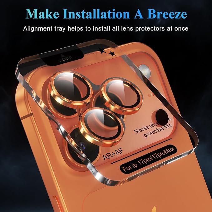 YWXTW Camera Lens Protector for iPhone 17 Pro/iPhone 17 Pro Max, [1 Step Installation Tray] Tempered Glass Screen Protector Metal Individual Camera Cover Accessories Case Friendly (Cosmic Orange) - Image 5