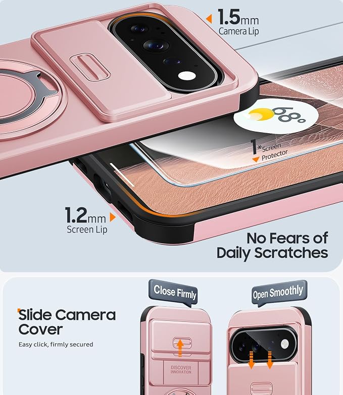 JAME for Google Pixel 10/10 Pro/11/11 Pro Case, Stand & Slide Camera Cover | Ring Holder Kickstand, Screen Protectors, Dual-Layer Shockproof Protective, Magnetic Accessory Friendly Phone Case, Pink - Image 5