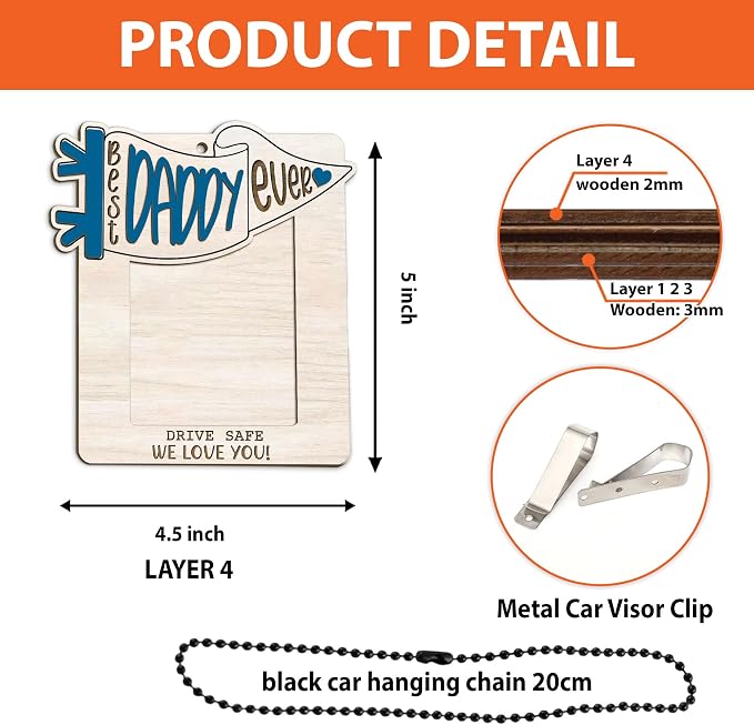 Personalized Best Dad Ever Picture Frame, Car Visor Picture Frame, Car Picture Holder,Gift for Dad Car Accessories, Car Picture Wooden Frame, Drive Safe Daddy Visor Clip We Love You - Image 5