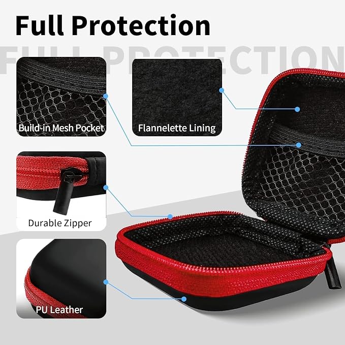 1 Pack Square Earbud Case Storage Bag with Carabiner, Red | Portable EVA Carrying Case, For Wired/Wireless Headphones, SD Card Storage, Camera Chip - Image 3