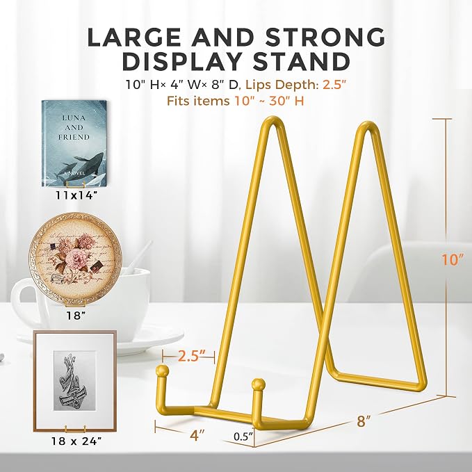 TR-LIFE 10 Inch Large Plate Stands/Holder for Display - Metal Picture Frame Holder Stand + Small Easels for Decorative Plate, Platter, Book, Plaques, Photo, Tabletop Art (Gold 2 Pack) - Image 3