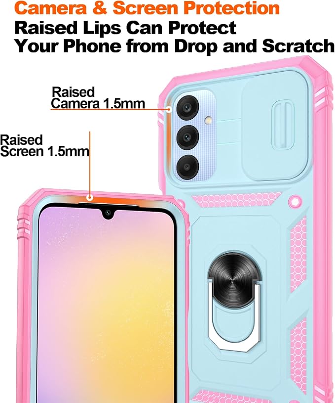 Fit for Samsung Galaxy A25 5G Phone Case with 2PCS Screen Protector, Build in 360° Rotating Ring Kickstand, Military Grade Protective Case for Samsung A25 Case Phone, Green+Pink - Image 4