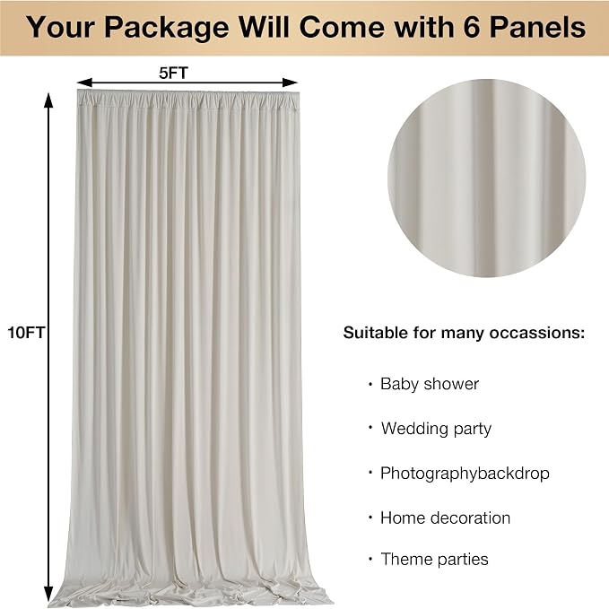 30ftx10ft Wrinkle Free Beige Backdrop Curtains for Parties, Silky Polyester Photo Backdrop Drapes 6 Panels 5x10ft Back Drop Cloth for Wedding Birthday Baby Shower Photography Background - Image 5