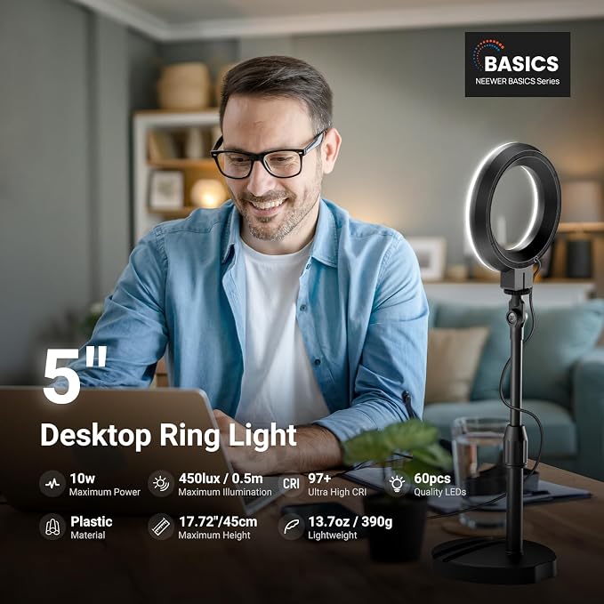 NEEWER Basics 5" LED Desktop Ring Light with Stand, Monitor Clamp, 10W, Compatible with iPhone Desk Computer Laptop Webcam Phone for Selfie Makeup Recording Zoom Video Conference Lighting, Black BR60 - Image 2