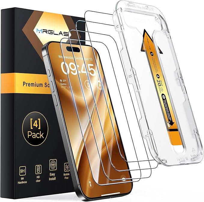 MRGLAS 4-Pack TOP 9H+ Tempered Glass for iPhone 15 Pro Screen Protector | [Auto Alignment Kit] [10X Military Protection] UNBREAK Tempered Glass Flim 6.1 inch Longest Durable Case-Friendly by MRGLAS