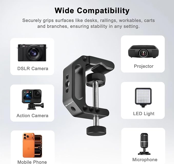 C Clamp Camera Mount with 1/4’’ and 3/8’’ Threaded Holes - 4.5cm Jaw Opening - Max Load 2kg - 2 Pack - Image 5