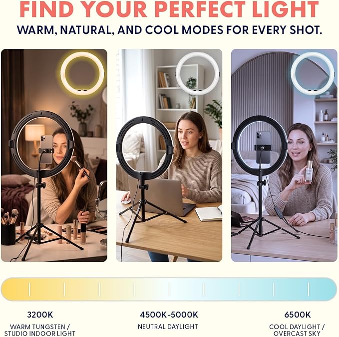 11’’ LED 12W Selfie Ring Light with Wired Control, 3 Color Modes, 10 Brightness Levels, Tripod Stand with 6 Sections, Phone Holder, Adjustable Brightness Levels for Influencers, YouTube, TikTok - Image 2