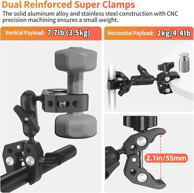 Double Super Clamp Camera Mount, Umbrella Holder w/ 360° Ballhead | Aluminum, silicone pads, grips 0.5-2.3" rods, flat 0-1.97", 1/4" thread, 3" arm, for bike, stroller, light stand, reflector - Image 2