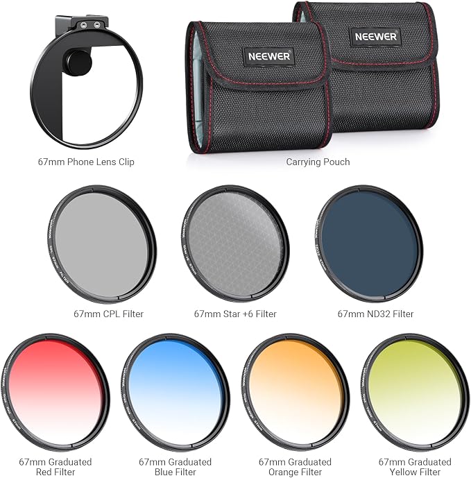 NEEWER 67mm ND Filter Kit with Cold Shoe Phone Filter Clip, 7 Pack 4X Graduated Color + Star + ND 32 + CPL Lens Filters, Compatible with iPhone 17 16 Android Samsung Galaxy S26 Ultra, FL-P15 - Image 9