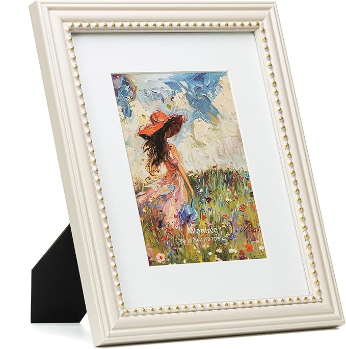 8x10 Picture Frame in Beige with Classic Gold Beaded Border, Solid Wood with Real Glass, Display 8x10 Photos Matted to 5x7, Vertical and Horizontal Desk Tabletop or Wall Hanging - Image 2