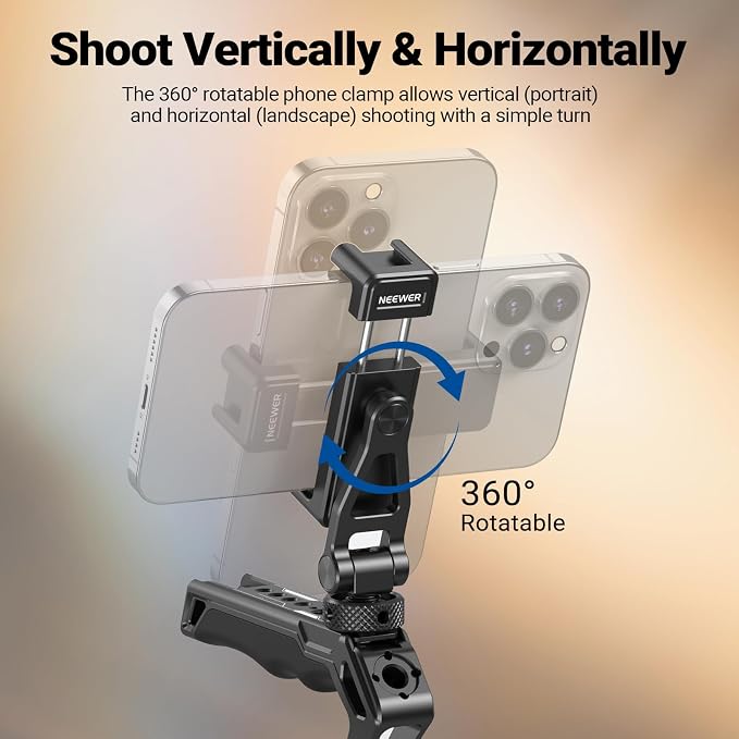NEEWER Metal Phone Tripod Mount with Cold Shoes, 1/4" Thread, GA010 | 180° Tilt 360° Rotation, Adjustable Phone Clamp Holder, Compatible with iPhone 17 16 15 Samsung S25 S24 Ultra Camera Cage - Image 4