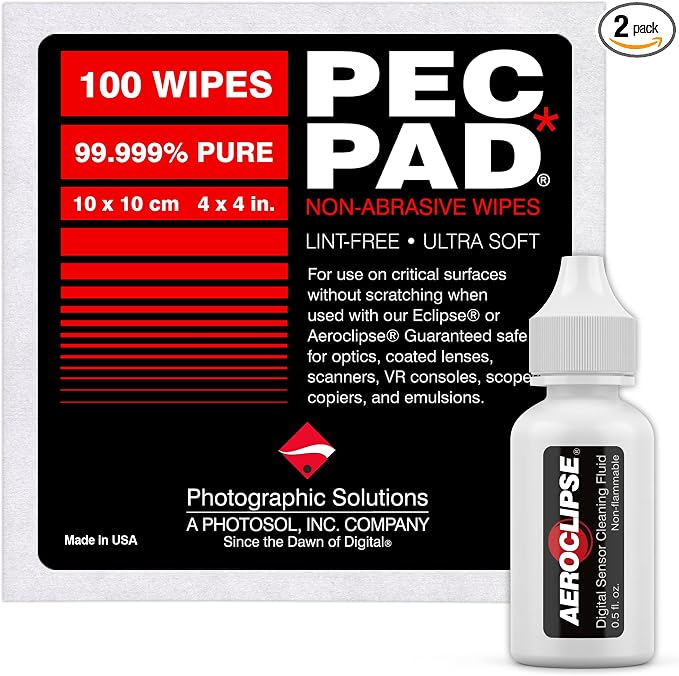 Aeroclipse Optic Cleaning Fluid and PEC-PAD Lint Free Wipes - Critical Optic Non-Flammable Cleaning Solution - Non-Abrisive Cleaning Wipes for Sensitive Glass - Cleaning Kit - Dropper Tip (15ml) 0.5oz by PhotographicSolutions