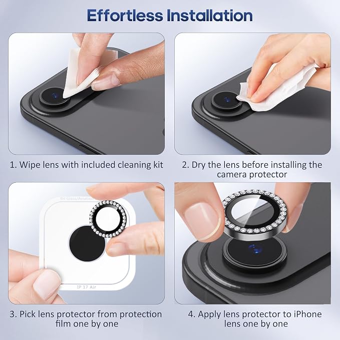 for iPhone 17 Air Camera Lens Protector Cover Bling Diamond, Black | Individual Metal, 9H Hardness, Scratch Resistant, Shockproof, Drop Protection, Case Friendly, Stylish Accessories - Image 7