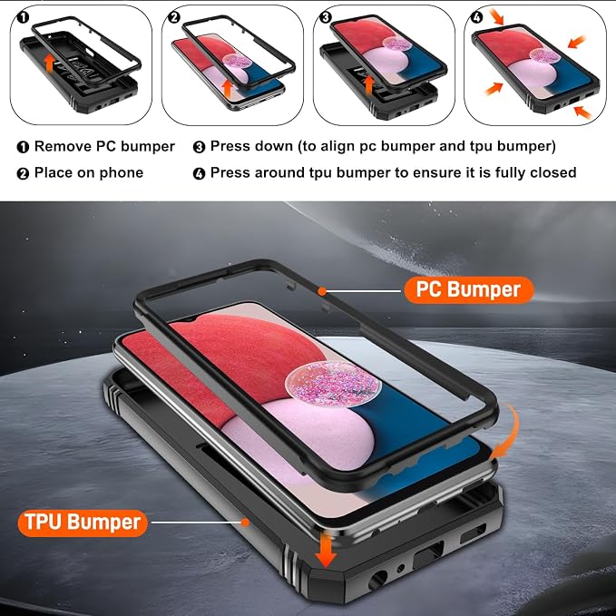 Gritup for Samsung Galaxy A13 4G Case with 2PCS Screen Protector, Build in 360° Rotating Ring Kickstand, Military Grade Protective Cover for A13 4G Phone, Black - Image 4